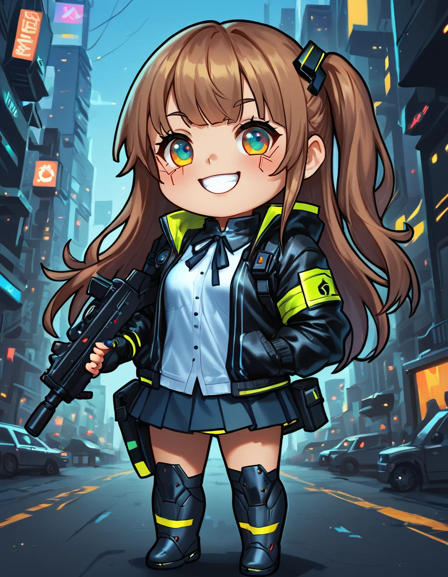 score_9, score_8_up, score_7_up,
u45gf, official_costume,
holding assault rifle,
cute, smiling,
((chibi)),
cyberpunk futuristic city background,
<lora:ump45:0.9>