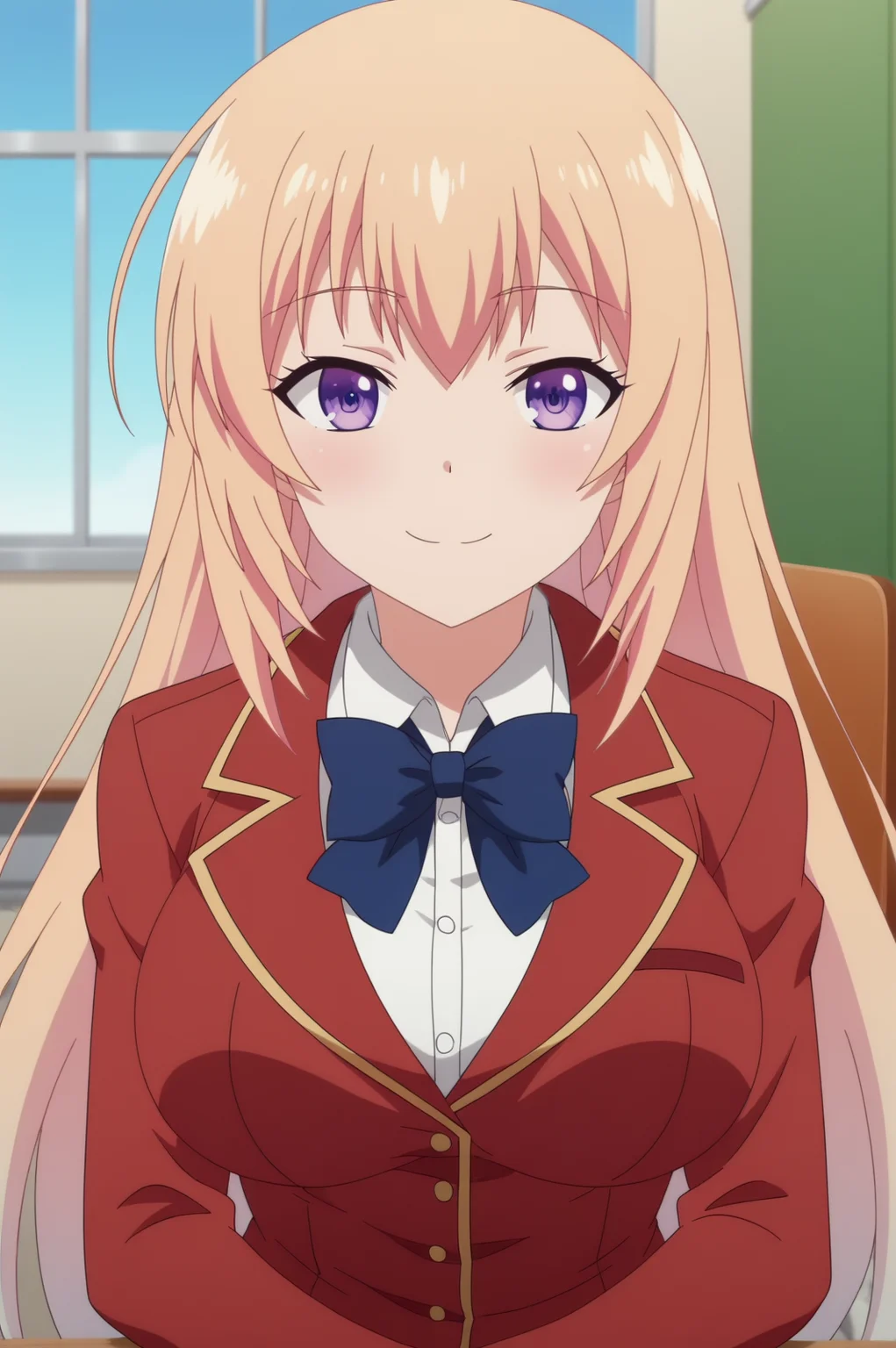 Honami Ichinose,anime screencap,1girl,solo,mature,long hair,school,white shirt,collared shirt,bowtie,uniform,bow,skirt,breasts,looking at viewer,smile,indoors,corridor,sitting,desk,classroom,red jacket <lora:Honami Ichinose - PDXL2.safetensors:0.8>