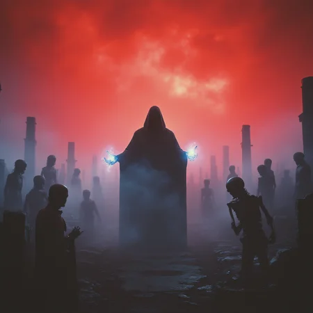 ArsMovieStill, 80s Fantasy Movie Still, The image shows a hooded necromancer summoning skeletons in a foggy graveyard under a blood-red sky., solo, necromancer, skeletons, fog, graveyard, glowing hands, blood-red sky, fantasy horror, eerie, dark magic