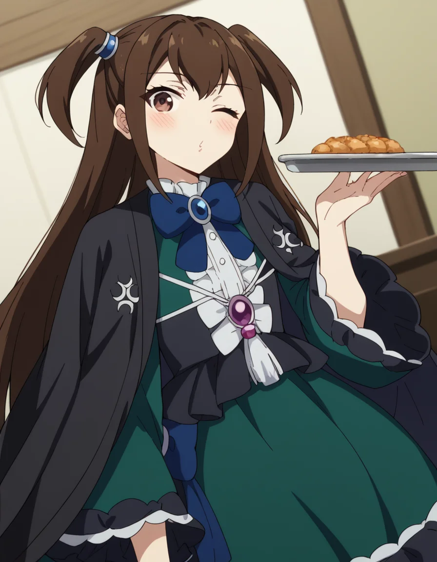 score_9, score_8_up, score_7_up, source_anime, <lora:kizuna-kazayama-s2-ponyxl-lora-nochekaiser:1>, kizuna kazayama, long hair, brown hair, brown eyes, two side up,, long sleeves, dress, bow, frills, wide sleeves, bowtie, cape, blue bow, brooch, green dress, black cape,, cafeteria, tables, food trays, chairs, line, , <lora:blowing-kiss-ponyxl-lora-nochekaiser:1>, blowing kiss, pucked lips, heart, one eye closed, o3o, hand up, bed room, bed, blush, cowboy shot, dutch angle,, looking at viewer, solo,, dutch angle, cowboy shot