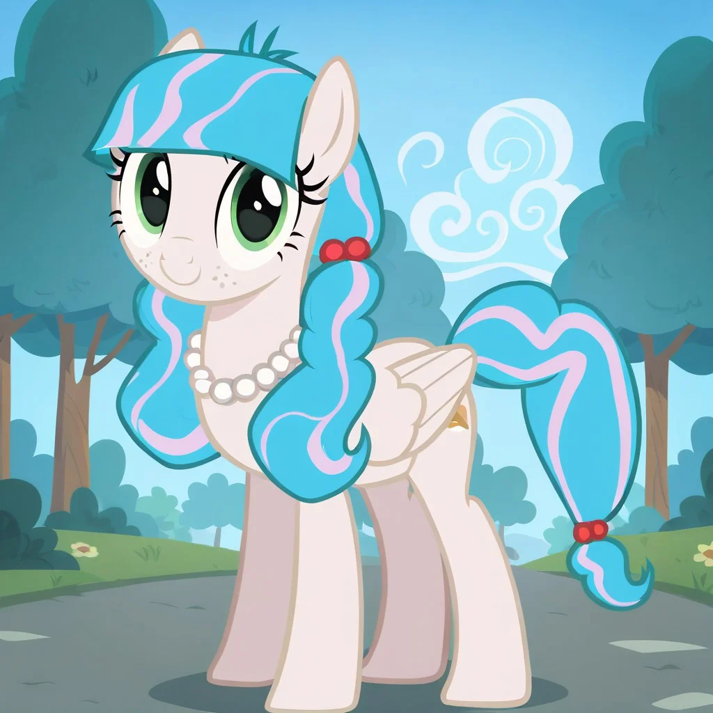 score_9, score_8_up, score_7_up, score_6_up, score_5_up, score_4_up, Sugar Stamp, pony, pegasus, turquoise blue and pink lace striped mane and tail, olive green eyes, pearl white fur, show accurate, solo, cute, best high quality, high res, outside, park, solo, cute, beautiful, pearl necklace, standing, up close, looking at viewer, sad, smiling, side view