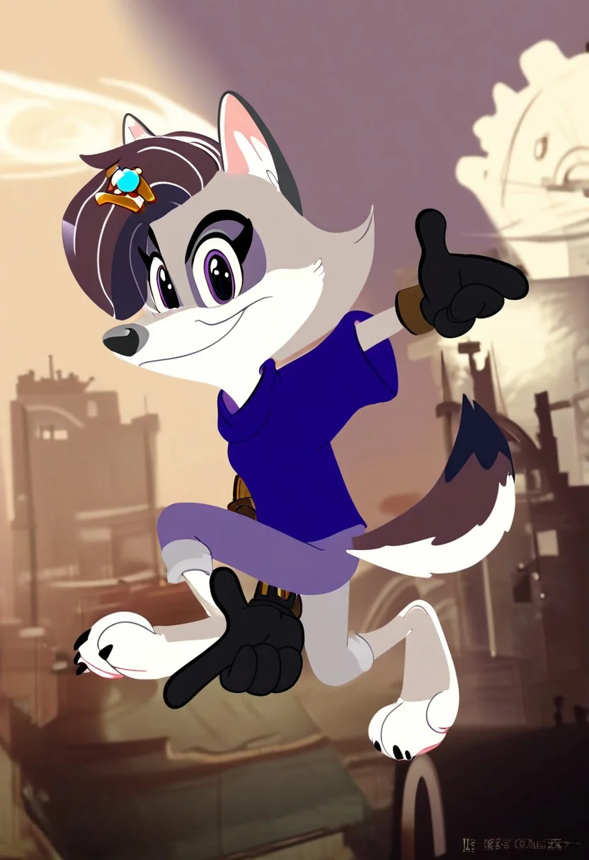 score_9,score_8,score_7,source_furry,
v10l3tw0lf,
furry female, violet_wolf, violet_wolf_great_wolf_lodge, wolf girl, female, 1girl, solo, tail, animal ears, furry, claws, hair ornament, looking at viewer, purple eyes, steampunk city background, multicolored hair, hairclip, body fur, artist name, barefoot, purple shirt, safe, steampunk, steampunk goggles, goggles, grey pants, purple shirt, goggles, official art, official style, Stable_Yogis_PDXL_Positives, mechanical gauntlet on left arm, brown, gloves, gloves, smile, Sonic Adventure Pose, Pose, looking at viewer,