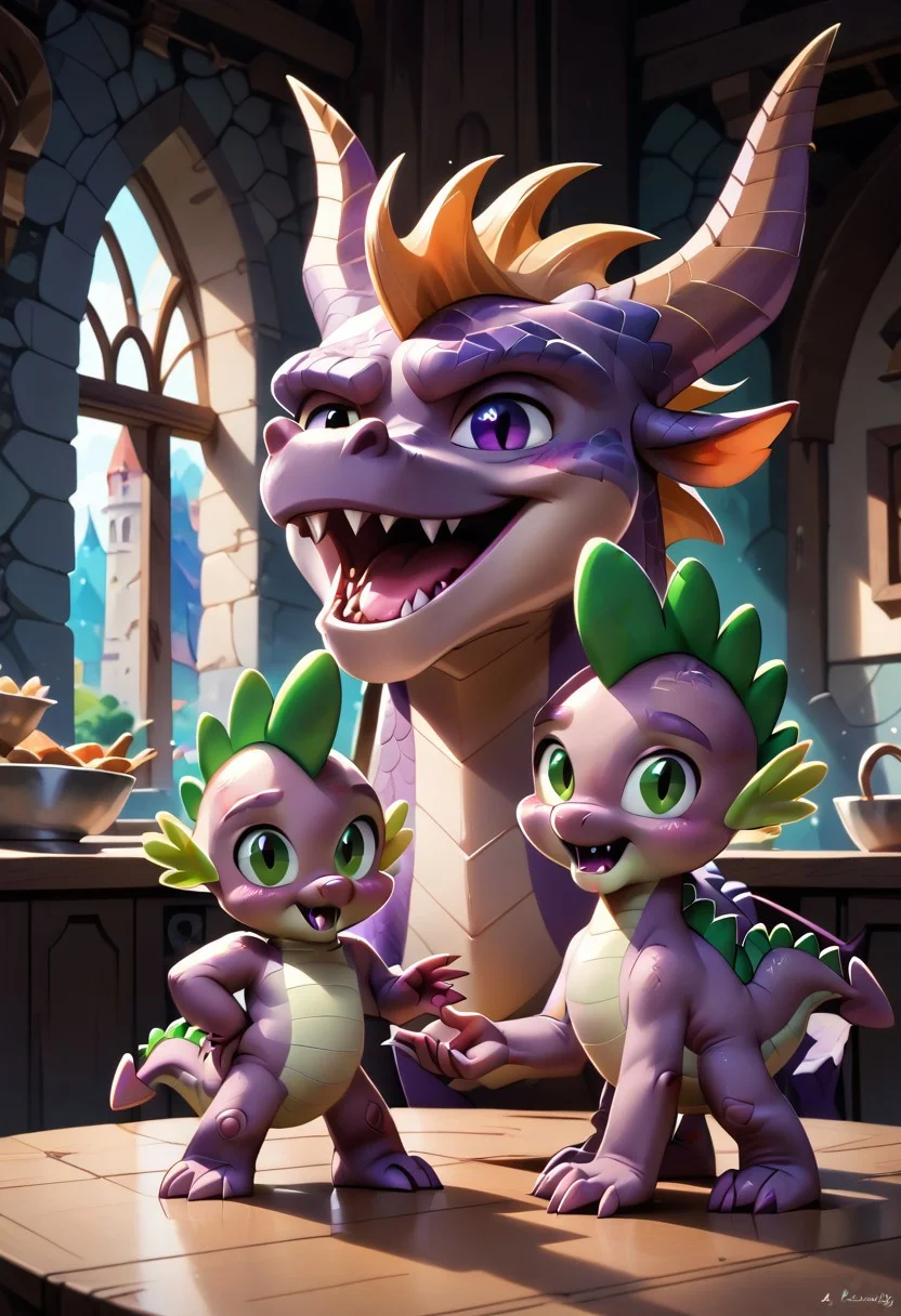score_9, score_8_up, score_7_up, score_6_up, score_5_up, score_4_up, (2 characters, 2 dragons:2), (best quality, high quality:1), (large dragon with purple eyes and a small dragon with green eyes:0.75), purple skin, (large purple dragon with black eyes:0.7), (small purple dragon with green eyes:0.7), (Spyro the dragon and spike:0.25), <lora:Spike:0.85> by ishoka, by joelasko, by chochi, patb, g5, inside, rich colors, crystal castle, Crystal Empire, crystal heart in the center of the square, presents a painting of rabbits and pony, aroused, front view, detailed background, prepares food, detailed, 8k quality, side view, beautiful, close up, free actions, violet freckled dragon, mammal, (long torso), (dragon's tail), male, <3, tail heart, anthro, hi res, blush, ((one green eye)), large nose, dull fangs, tail gesture, warner brothers, violet scales, Spike, freckled, mammal, short, (big head), big forehead, (green spikes), man, anthropo, pink sclera, pose, warner brothers, purple body, open mouth, high quality, high definition wallpaper, 8k, complex details, Full HD, detailed lighting, paws, detailed eyes, freckled face, face view, Bent over, legs apart, looking at the viewer, maid outfit, kitchen, cute and wonderful familiar fantasy dragon witch, majestic, fantastic, mythical, magical, magic, dynamic, wonderful, peaceful,