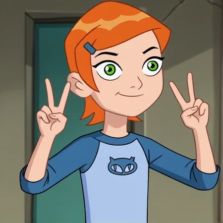 1girl, solo, povenmirestyle2, orange hair, short hair, green eyes, hairclip, blue shirt, raglan sleeves, white pants, peace sign, upper body, toon \(style\), <lora:povenmirestyle2:1>, <lora:Gwen_Tennyson_-_Ben_10:0.7>,