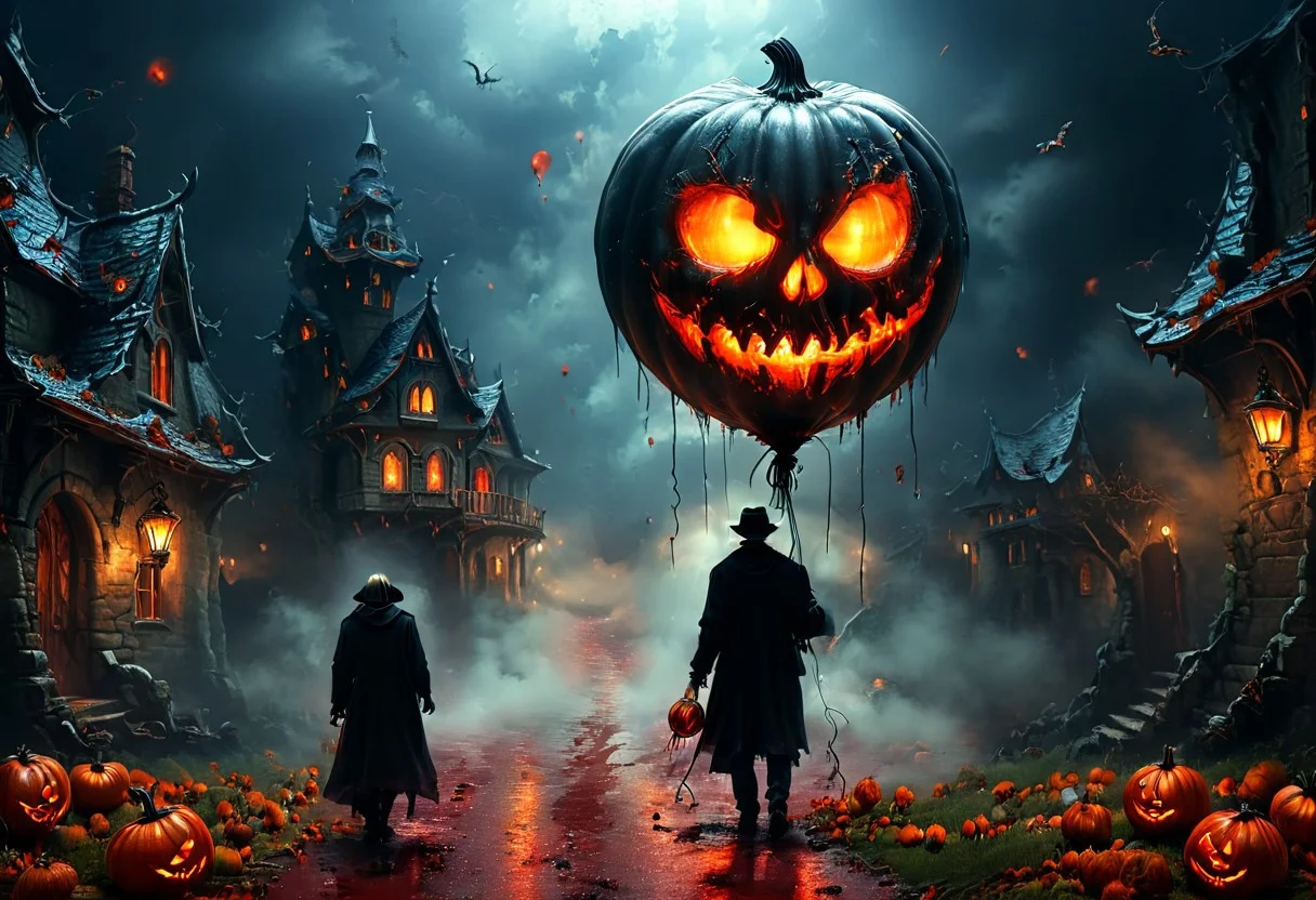 back-view, A very ugly shadowperson holding black luminous balloon, Halloween spooky fantasy, hyperdetailed, mist, Thomas Kinkade style, flux-style, Blood Bath, HKPumpkin