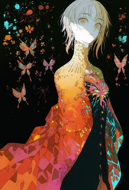solo, bug, butterfly, 1girl, short hair, earrings, jewelry, colorful, looking at viewer, black background, cape, upper body
, ,,,, masterpiece,best quality,very aesthetic,absurdres
<lora:monfornoob:0.95>