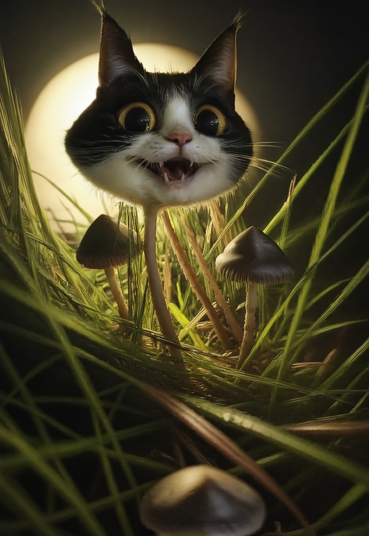 score_9, score_8_up, score_7_up, score_6_up, score_5_up, score_4_up, BREAK ((smile)), a crazy looking cat with very happy face in dark-grasshrooms, dark, backlit, low key, sidelight, depth of field, blurry foreground, dark-grasshrooms