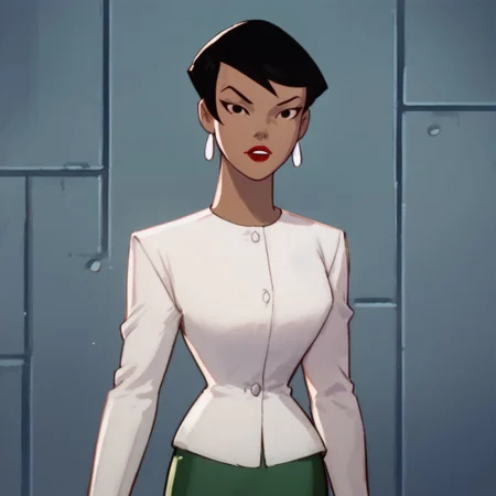 score_9, score_8_up, score_7_up, 1girl, solo, lipstick, black hair, short hair, black eyes, dark skin, white jacket, green pencil skirt, earrings, Angela Chen (dc), looking at viewer