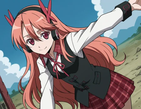 score_9, score_8_up, score_7_up, source_anime,
agkchelsea, <lora:agk-chelsea-s1-ponyxl-lora-nochekaiser:1>,
chelsea, pink eyes, hair between eyes, long hair, pink hair, straight hair,
collared shirt, diagonal stripes, dress shirt, hair ornament, headphones, long sleeves, neck ribbon, plaid, plaid skirt, pleated skirt, red ribbon, red skirt, ribbon, shirt, skirt, striped, vest, white shirt, wing collar,
wasteland, smile, bent over,
cowboy shot, solo, dutch angle, looking at viewer,