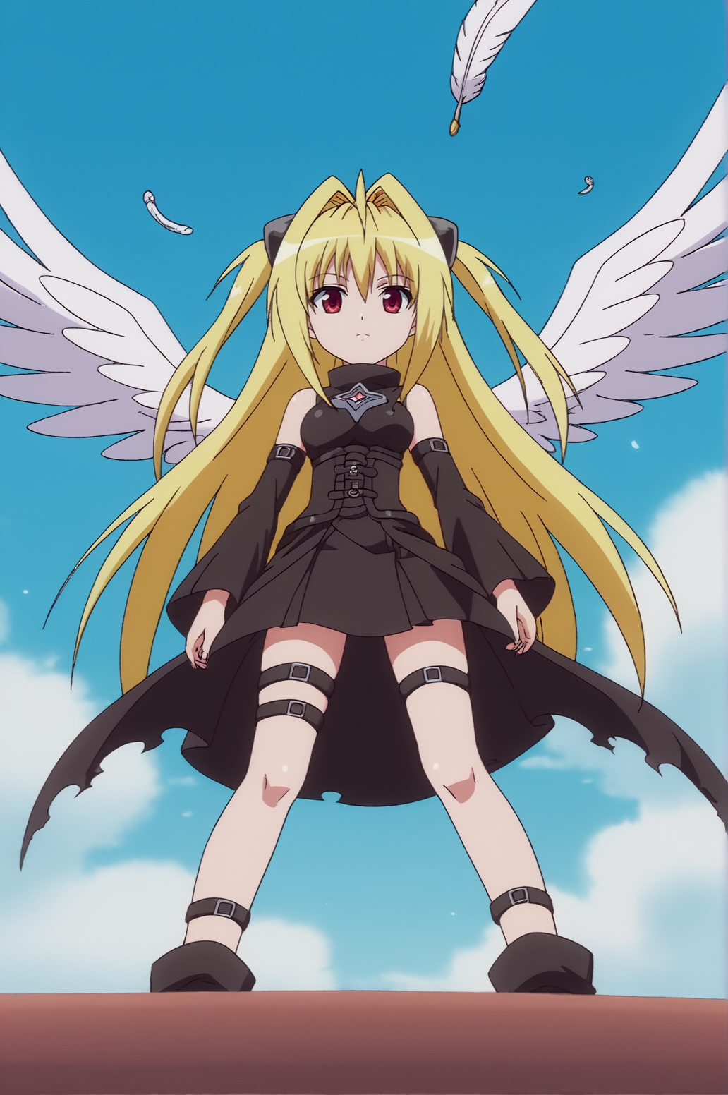 score_9, score_8_up, score_7_up,anime_source, source_anime, best background, detailed background, anime screencap,  Yami, 1girl, cloud, detached sleeves, feathers, sky, solo, thigh strap, two side up, very long hair wings, dynamic camera, dynamic angle, legs apart,  <lora:JN_Konjiki_no_Yami:0.8>