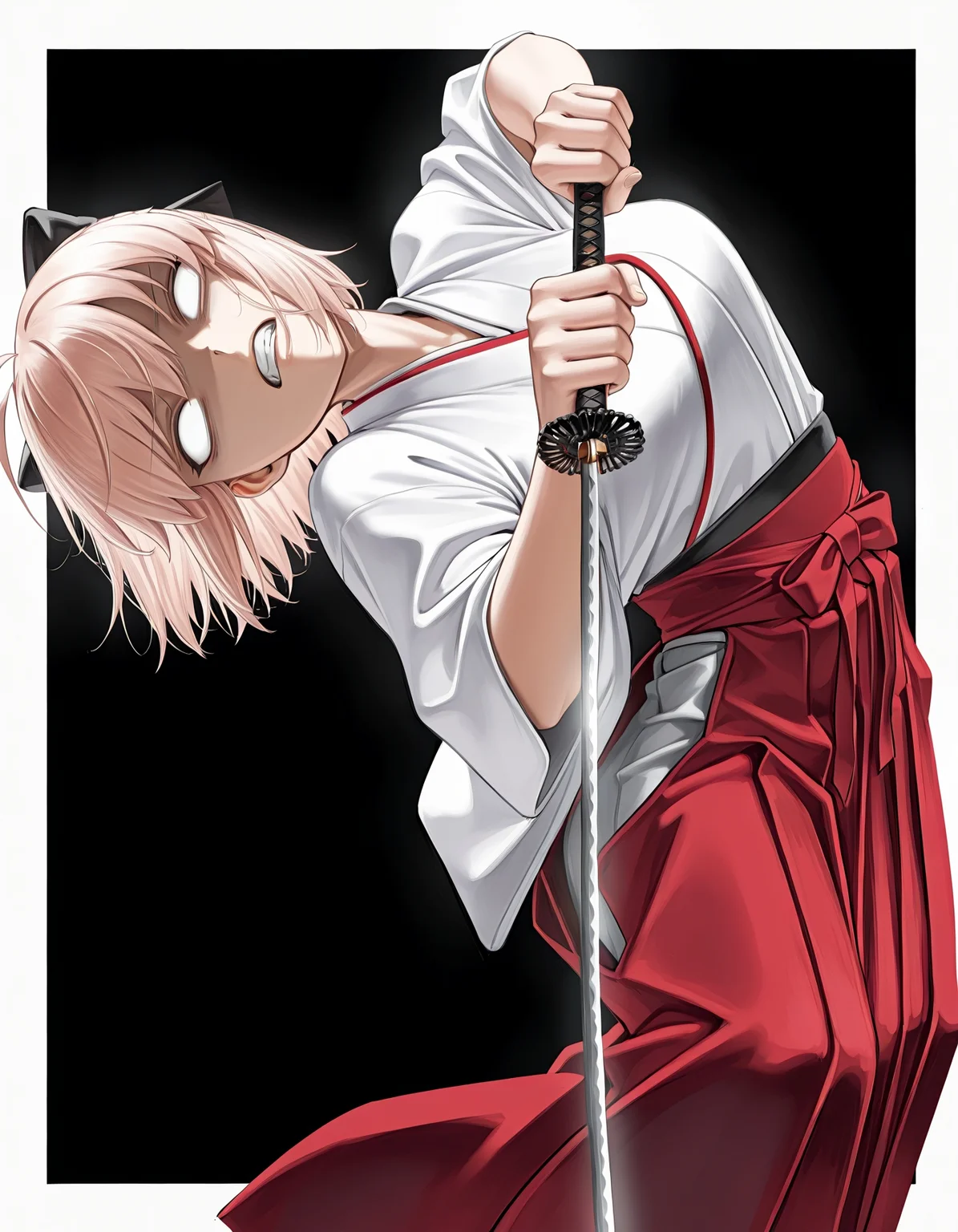 1girl, solo, okita souji \(fate\), 
hakama, 
clenched teeth, blank eyes, sword, 
mumyou-sakanagare, holding sword, (leaning back:1.1), (leaning to the side:1.1), 
black background, 
looking at viewer, cowboy shot, 
<lora:mumyousakanagareillv1.1:1>,, masterpiece, best quality, amazing quality, very aesthetic, absurdres, highres, newest,<lora:xl_saturation_slider:0.1> <lora:add-detail-xl:1> <lora:illustriousXLv01_stabilizer_v1.121:0.4> <lora:reduce_wrinkles_illstriouosv0.1_ADDifT_2_in_1_v1.2:0.9>