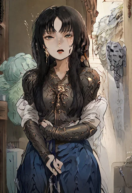 ((score_9), score_8_up, score_7_up), score_6_up, masterpiece, hands, Expressiveh, perfection, detailed, perfect, sexy pose, open mouth, 1girl, tomie kawakami, solo, ( female japanese warrior)), (small arms)), ((barely covered)), (skimpy armour)), (visibly nervous), (chubby face), (voluptuous body), trembling, (holding large axe), ((looking around)), (((slim waist))),(fantasy_tavern_background)