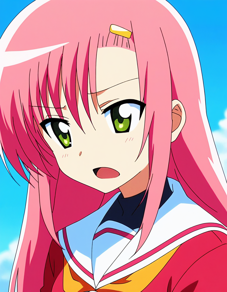 score_9, score_8_up, score_7_up, source_anime, rating_explicit, BREAK  <lora:Katsura_Hinagiku_XL:1>Katsura_Hinagiku, pink hair, long hair, Yellow green eyes, hairclip, small breasts, school uniform, red serafuku, pink skirt,
frown, open mouth, portrait, sailor collar, white sailor collar, pink background, upper body,
blue sky, outdoor, day, grass,
2010s \(style\), anime, anime_screencap, animated gif, mp4 ,video, animated,