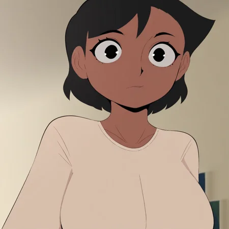 milf, solo, 1girl, black eyes, short hair, dark skin, black hair