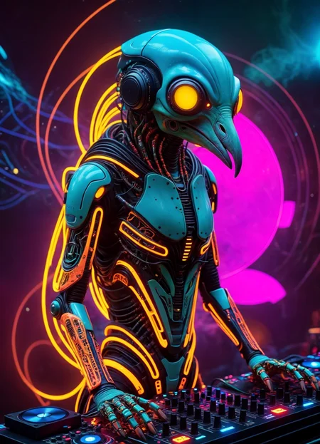 Ombre color scheme of neon orange, neon pink, neon blue, neon yellow, neon green, biomechanical cyberpunk psychedelic style cute weird (alien|penguin) creature DJing (at a rave:1.1) (giant speakers:1.2) (crowd distant background:1.15) (bokeh volumetric lighting, fog:1.1) <lora:fx-monsters:0.35> fx-monsters <lora:add-detail-xl:1> <lora:sss:0.8> <lora:xl_more_art-full_v1:0.35> <lora:The_Dark_Side_Of_The_Future:0.25> <lora:vibracol:0.5> vibracol, subsurface scattering, Photorealistic, Hyperrealistic, analog style, realistic, film photography, soft lighting, heavy shadow . vibrant colors, swirling patterns, abstract forms, surreal, trippy . cybernetics, human-machine fusion, dystopian, organic meets artificial, dark, intricate, highly detailed