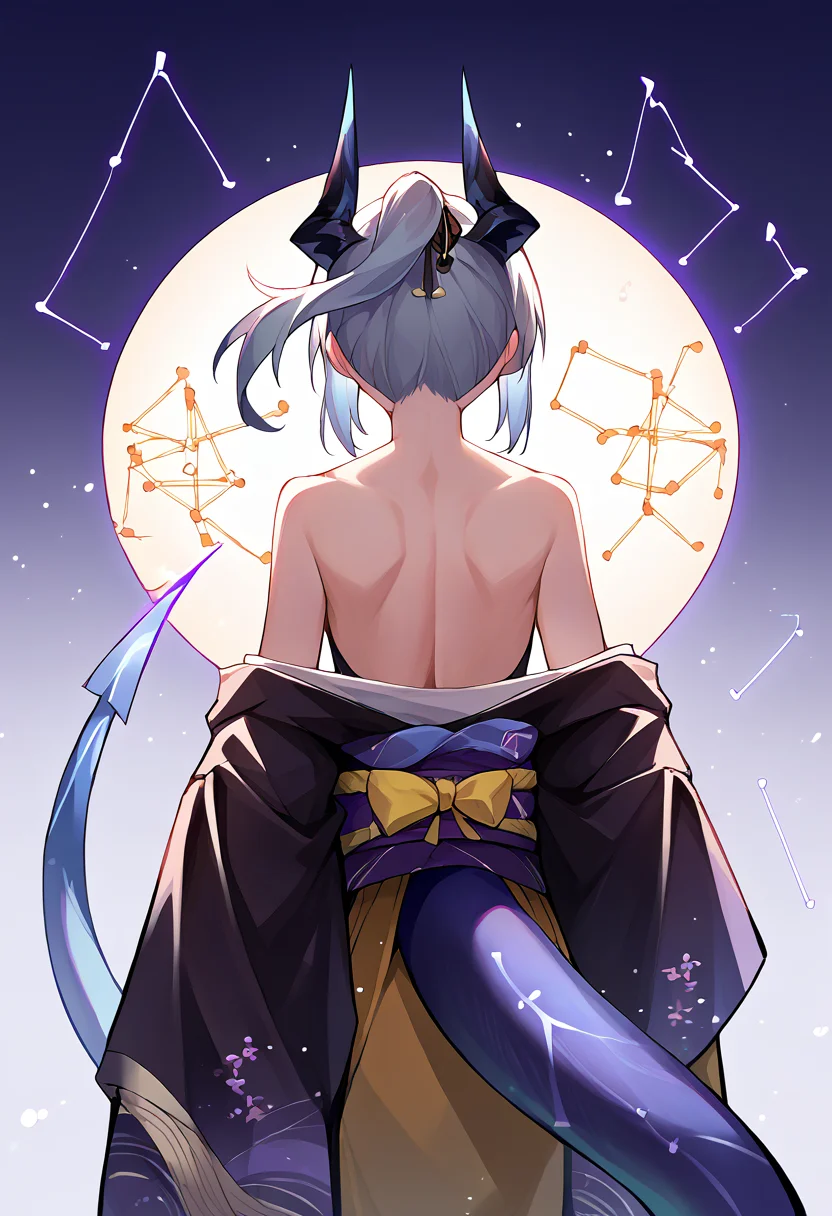 score_9, score_8_up, source_anime, 1girl, solo, Liskarm, horns, tail, short ponytail, aurora, back, bare back, bare shoulders, constellation, from behind, kimono, light particles, long sleeves, off shoulder, <lora:ChamLiskarmPonyXL:1>