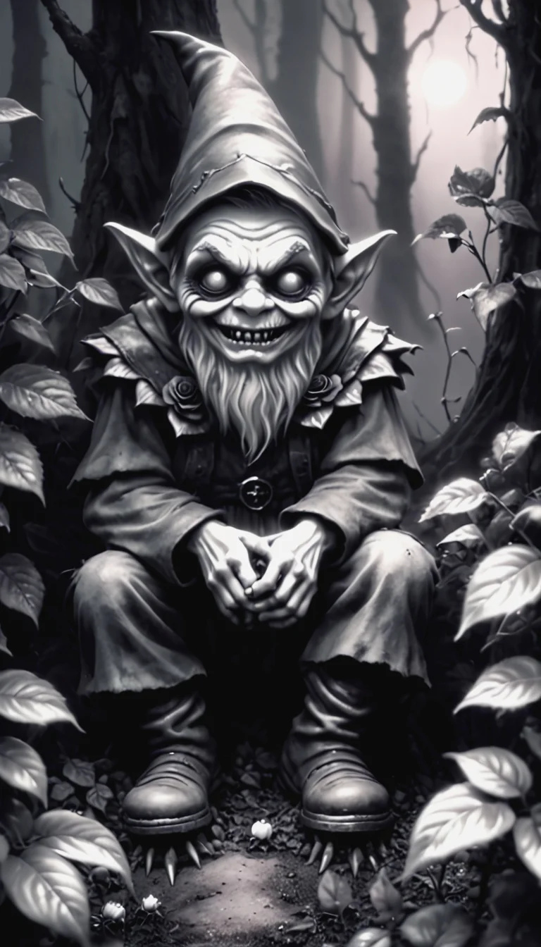 monochrome, horror,
A gloomy misty forest, a small evil gnome sits under a rose bush.
A grin, rotten teeth, white glowing eyes