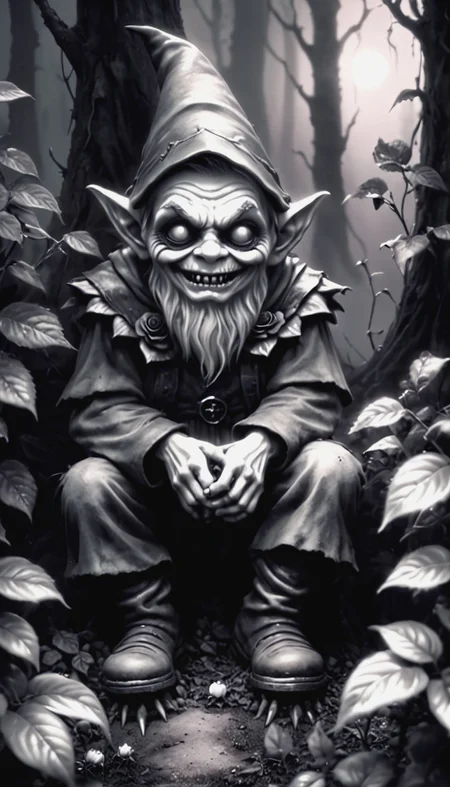 monochrome, horror,
A gloomy misty forest, a small evil gnome sits under a rose bush.
A grin, rotten teeth, white glowing eyes