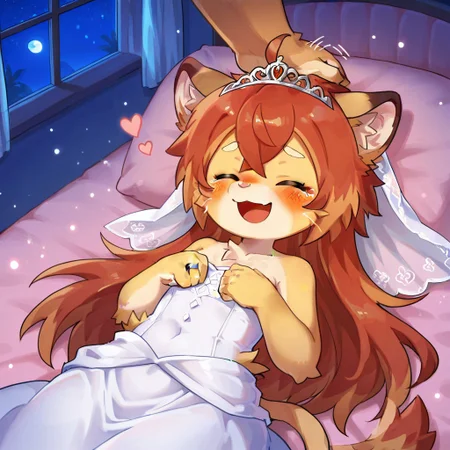 lv1_rubili,
moe, cute,masterpiece, super fine illustration, best quality, light particles, ultra-detailed, 8K wallpaper,  cute, adorable, kawaii, moe, 
front view,background:hotel,bedroom,indoors,Window,night,dark,moon,shiny,night time, night sky, dark blue lighting, lying on the pink bed, lying down,on back,spreading, heart symbol, Romantic, looking at viewer, 
solo,1girl,furry,furry female,theowf,closed eyes, ((very long hair,long hair:2.0)), ahoge, animal ears, cat ears, cat tail
 mermaid wedding dress,wedding dress, wedding veil,white dress,wedding ring ,tiara, sfw, blush, 
smile,  looking pleasured,looking fun, open smile mouth,tears,happy tears,tears of joy,
BREAK,
brown fur hand,faceless male,  
stroking another's hair,headpat,