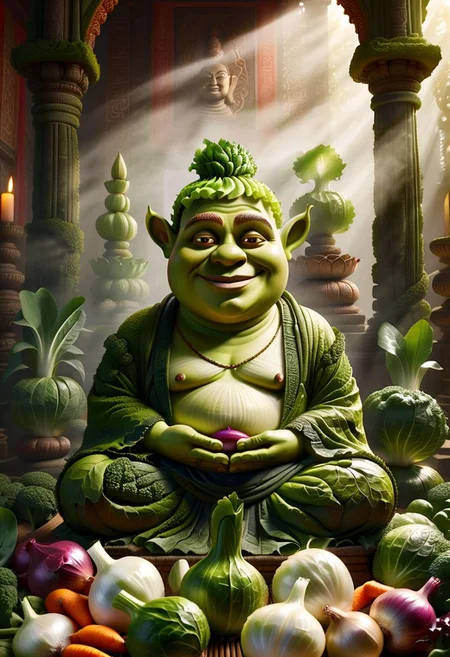 Shrek, wearing ral-sld, surrounded by onions, in the pose of a buddha, temple altar, inner peace, meditation, zen, calmness, smiling, looking at viewer, mystical fog, photo, realistic, intricate details, soft morning sunlight, light beams,