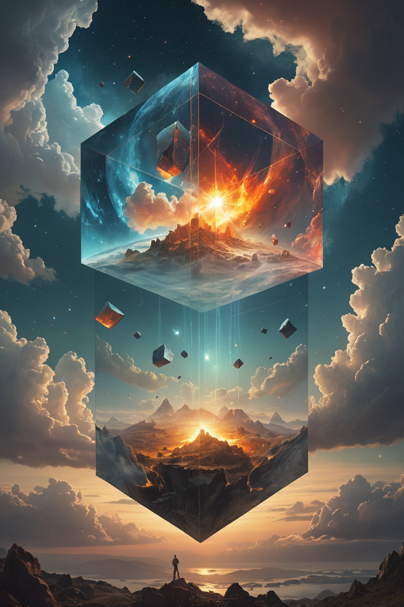 ethereal fantasy concept art of Bosch-style,a translucent cube traps eerie clouds,the starsscape warps,time distorts,surrealism reigns,stars,Glowing,sparkling . magnificent, celestial, ethereal, painterly, epic, majestic, magical, fantasy art, cover art, dreamy