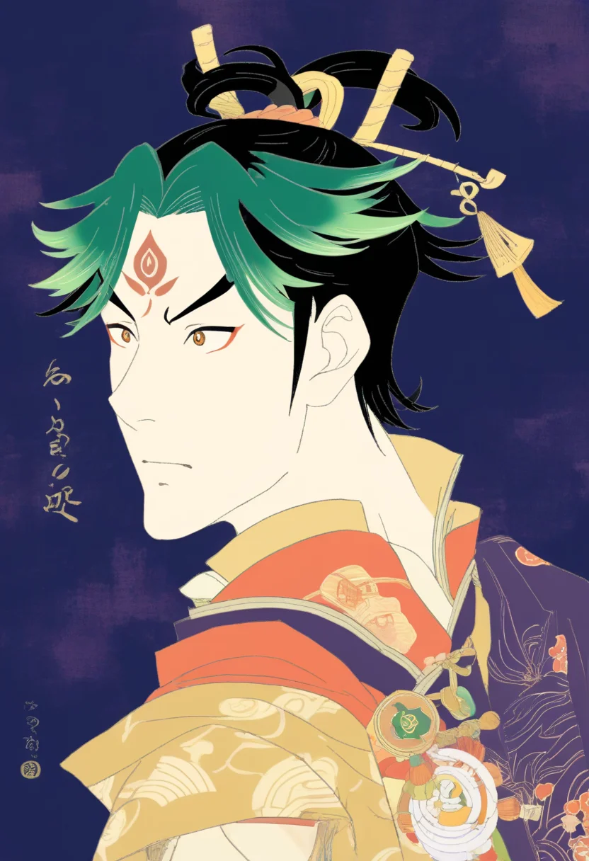 score_9, score_8_up, score_7_up, source_anime, perfect anatomy, ,upper body,from side,, solo,20yo, 1boy, xiao,green hair \(genshin impact\), kabuki, (kumadori:1.2), from side, , open eyes , sharaku, ukiyo-e, sharaku signature,senryo yakusha,dark background, simple background,, <lora:sharaku-01:1.1>