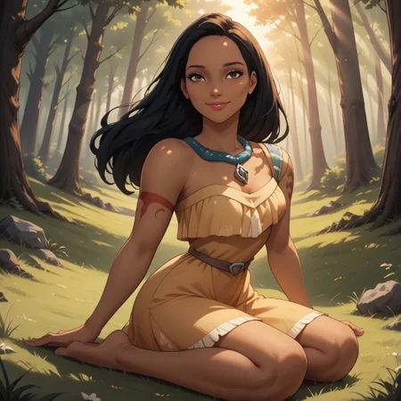 score_9, score_8, BREAK, solo, black hair, brown eyes, necklace, off shoulder dress, yellow dress, left arm tattoo, red tattoo, breasts, barefoot, dark skin, dark skin female, Pocahontas, cute, sexy pose, self portrait, smile, outdoors, sunlight, shadows, evening lighting, natural lighting, forest, trees, grass, orange sky, sunset