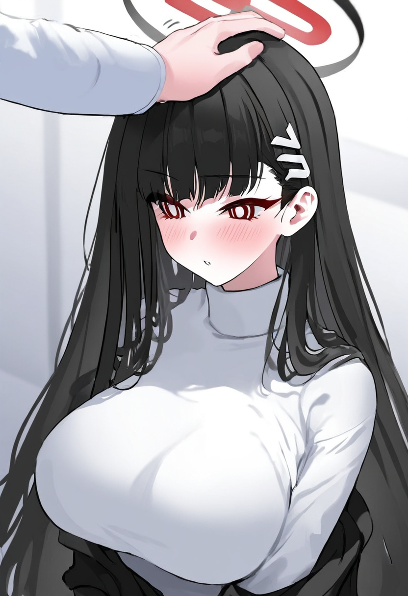 blue archive, rio \(blue archive\), 1girl, black hair, blush, breasts, hair ornament, hairclip, halo, headpat, large breasts, long hair, long sleeves, red eyes, solo focus, sweater, white sweater, masterpiece, best quality, good quality