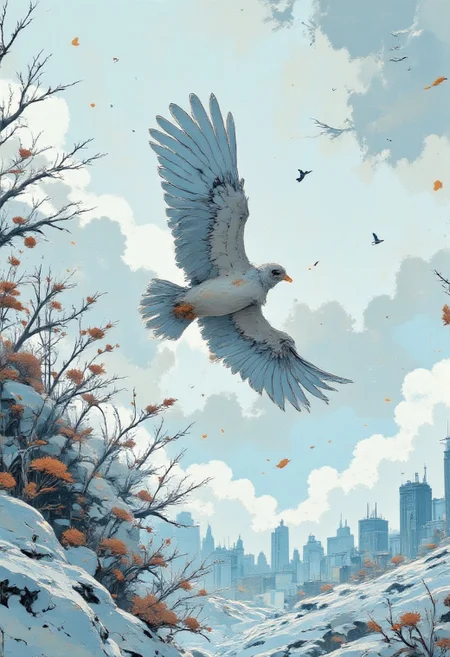 An aerial view from the sky, capturing a majestic bird in flight, its head and upper body in close-up, wings spread wide against a backdrop of infinite white. The bird’s feathers glisten with subtle, intricate textures—its plumage a mix of soft gray, white, and hints of deep brown, blending seamlessly with the snow-covered landscape below. Its sharp, piercing eyes are fixed on the horizon, conveying a sense of purpose and power.
Below, the earth stretches endlessly, a pristine expanse of snow glowing softly under diffused light. The landscape is blanketed in white, with faint details emerging: the dark lines of frozen rivers winding like veins, the jagged peaks of distant mountains breaking through the snow, and the faint outlines of barren trees standing as quiet sentinels. Shadows are soft and pale, adding depth without disrupting the purity of the scene.
The perspective emphasizes the bird’s movement, its body slightly tilted as it glides effortlessly through the cold, silent air. Behind it, the horizon fades into a misty white, blurring the boundary between sky and earth, creating a sense of endless space and serene isolation. The composition captures a moment of graceful solitude, the bird a living contrast to the vast, frozen stillness below.