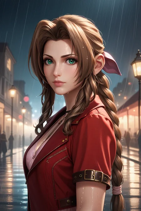 score_9, score_8_up, score_7_up,
<lora:FF7Aerith:0.8>
FF7Aerith, 1girl, brown hair, green eyes, long hair, braided ponytail, standing under a streetlamp in the rain, reflections on wet pavement, city lights blurred in the background, cinematic and dramatic feel