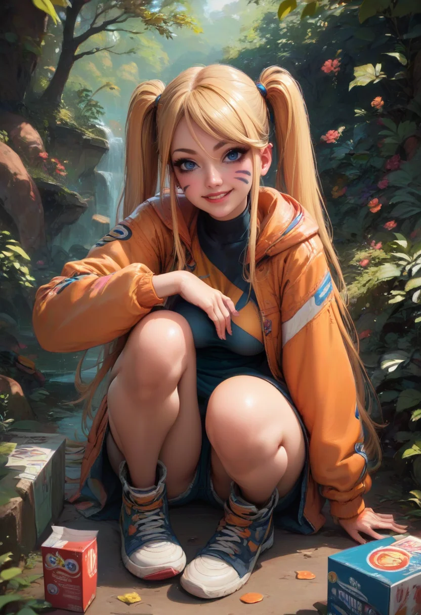 score_9, score_8_up, score_7_up, 1girl sexy, <lora:Narukov1_pony:0.9> source_carton, source_anime, naruko, adult, 1girl,solo,long hair,looking at viewer,bangs,blue eyes,blonde hair,long sleeves,twintails, facial mark, black line on the cheek posing, <lora:add-detail-xl:0.9> jacket orange konoha, zPDXL , <lora:Realistic000003_1_2.5DAnime_0.05_Merge1:0.8>, smile, heroine pose, full body, forest background,