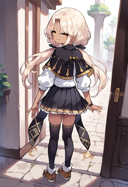 score_9,score_8_up,score_7_up,source_anime,zPDXL3,
*//*,<lora:ArchMageFP_Pony:1>,archmage_fp,1girl,solo,dark skin,dark-skinned female,blonde hair,twintails,low twintails,long hair,yellow eyes,black thighhighs,black skirt,pleated skirt,capelet,brown footwear,striped,light smile,
*//*,from behind,looking back,