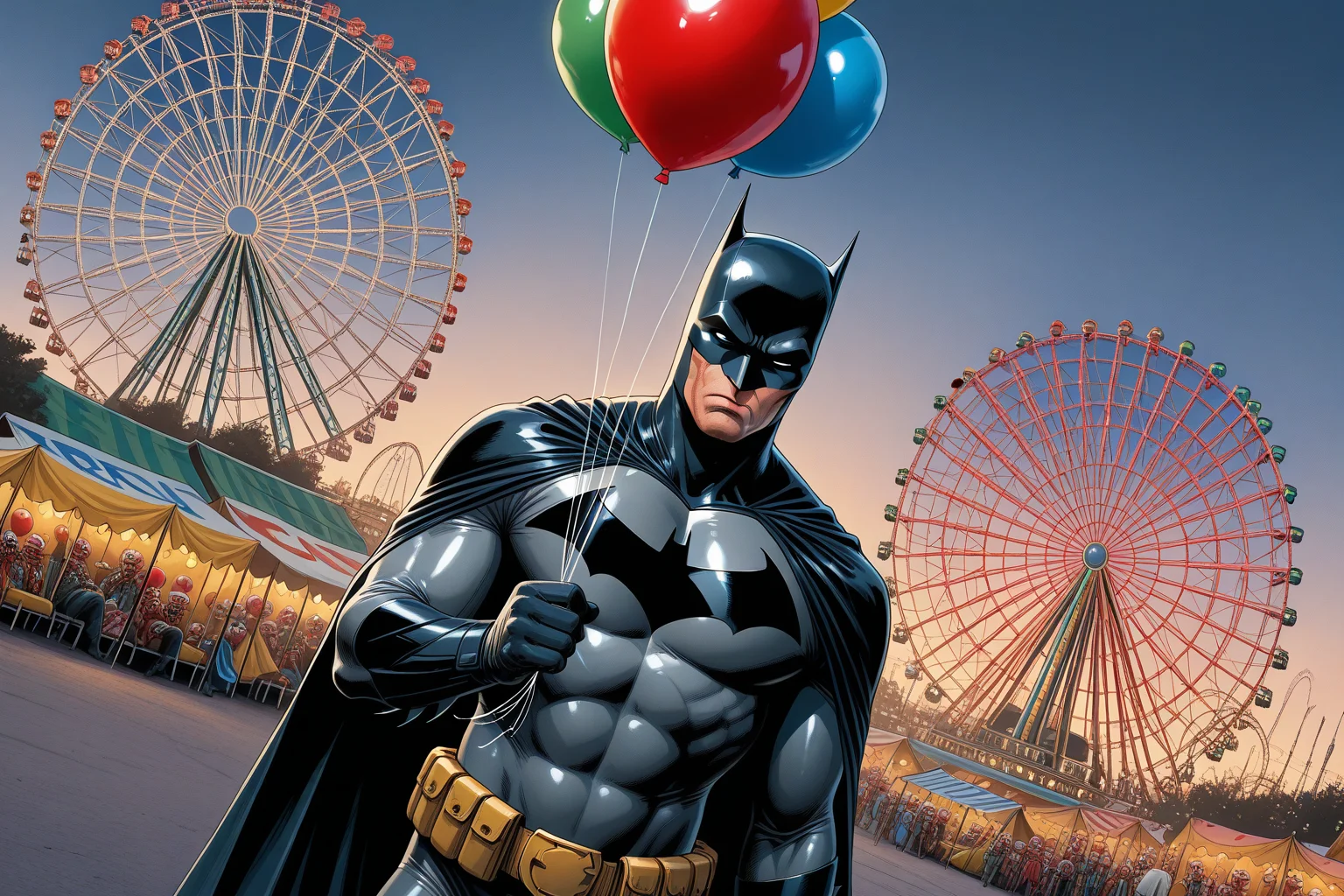 <lora:Batman_-_IO_Illustrious:0.7>,((masterpiece)),(best quality),1990s comic book style,dutch angle,Batman at a carnival and holding a balloon,holding,balloon,detailed face,highly detailed face,serious facial expression,wearing his cowl and batsuit and cape, ferris wheel in background, tents, carnival rides, clowns,HDR,artistic,photorealistic,in a suburban back yard,
