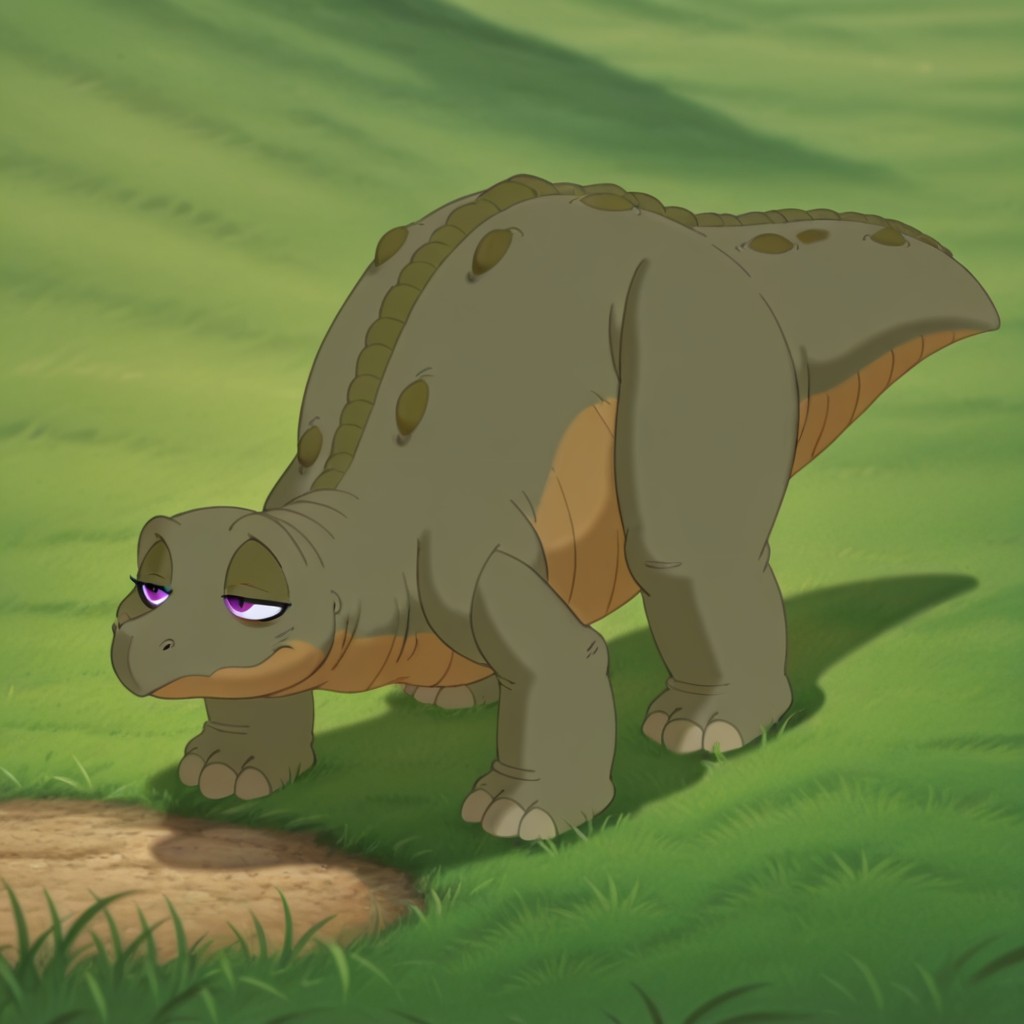 masterpiece, best quality, very aesthetic, absurdres, safe, Spikelbtil, feral, Stegosaurus, male, green skin, purple eyes,  outside,standing, in grass , solo, 1boy, half-closed eyes, <lora:6db8428d-ac69-46a9-b1d5-1cdf6b991a9d:1.0>