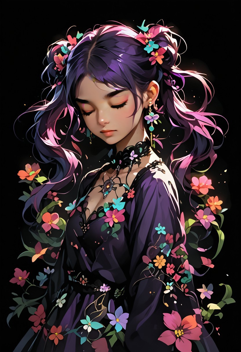FFDAC, source_anime, score_9,score_8_up,score_7_up,score_6_up,score_5_up,score_4_up, 1girl, solo, purple hair, very long hair, flower, closed eyes, hair flower, jewelry, twintails, colordul dress, earrings,  black background