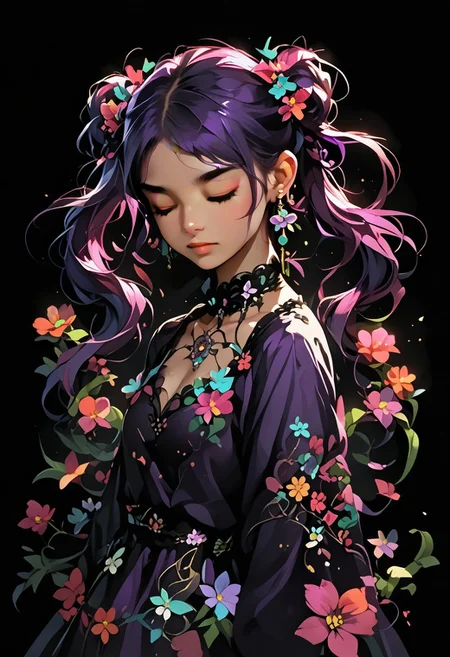 FFDAC, source_anime, score_9,score_8_up,score_7_up,score_6_up,score_5_up,score_4_up, 1girl, solo, purple hair, very long hair, flower, closed eyes, hair flower, jewelry, twintails, colordul dress, earrings,  black background