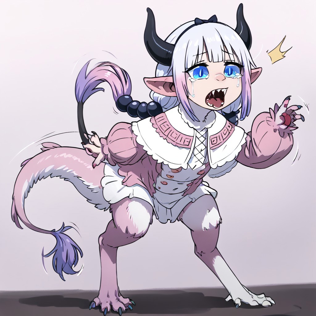 score_9, score_8_up, score_7_up, source_anime, source_furry, realistic, ((bytransform)), ((transformation)), uneven transformation, asymmetrical transformation, mid transformation, dynamic pose, full body, human girl, petite cute, scared, terrified, screaming, crying, Kanna_Kamui to yinglet transformation, blue_eyes, slit_pupils, pink_hair, low_twintails, long_hair, blunt_bangs, gradient_hair, flat_chest, dragon_horns, tail, hair_beads, black_hairband, hair_bow, black_bow, hybrid human yinglet feet, [digitigrade legs], hybrid human yinglet hands, looking at self in shock, shocked expression, scared expression, scared body language, (Kanna_Kamui transforming into a yinglet), multibreast, covered multibreast, 4breast, torn clothing, oversized clothing, clothes falling off, frilled_dress, pink_dress, frilled_capelet, fur-trimmed_capelet, white_capelet, white_thighhighs, puffy_long_sleeves, pink_sleeves, 1girl, solo, (hybrid colored fur:0.5), monster girl, realistic, (tail), (cutie, young, soft features:1.1), long ears, small body, diminutive, short body, petite cute, nubile 18yo girl, Expressiveh, snout, pained expression, wincing face