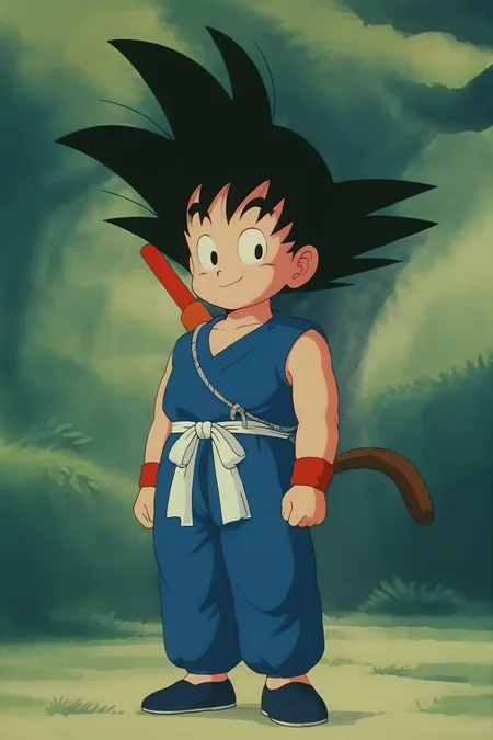 source_anime, score_9, score_8_up, score_7_up, anime screencap,8k, absurd res, son goku, solo, looking at viewer, smile, black hair, 1boy, closed mouth, standing, tail, full body, weapon, male focus, outdoors, black footwear, black eyes, tree, spiked hair, red wristband, nature, clenched hands, forest, arms at sides, dougi, white sash, arms by side, blue topwear, raised eyebrows, monkey tail, blue pants, shoes, male child, nyoibo, weapon on back, chibi, sleeveless 
 <lora:gokudb_pony_v3:0.8>