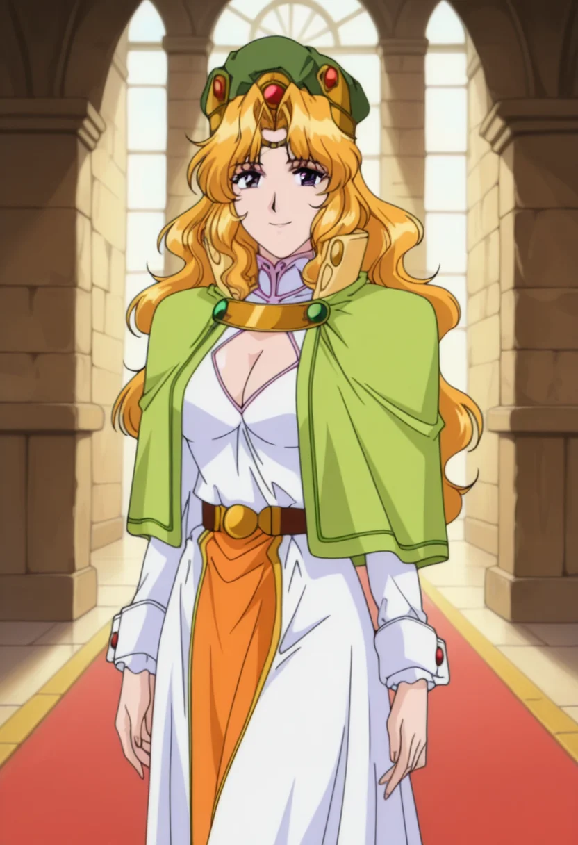 masterpiece, best quality, amazing quality, absurdres, anime coloring, retro artstyle, 1990s (style), 1girl, solo, cowboy shot, melissaww, mature female, purple eyes, blonde hair, long hair, wavy hair, parted bangs, medium breasts, green hat, circlet, light green capelet, breasts, cleavage, cleavage cutout, white long dress, long sleeves, brown belt, orange loincloth, white boots, high heels, looking at viewer, smile, indoors, day, skindentation, detailed clothing folds, depth of field, sharp, high contrast, dynamic light <lora:Melissa_Mahou_Senshi_Louie_ill:0.9>