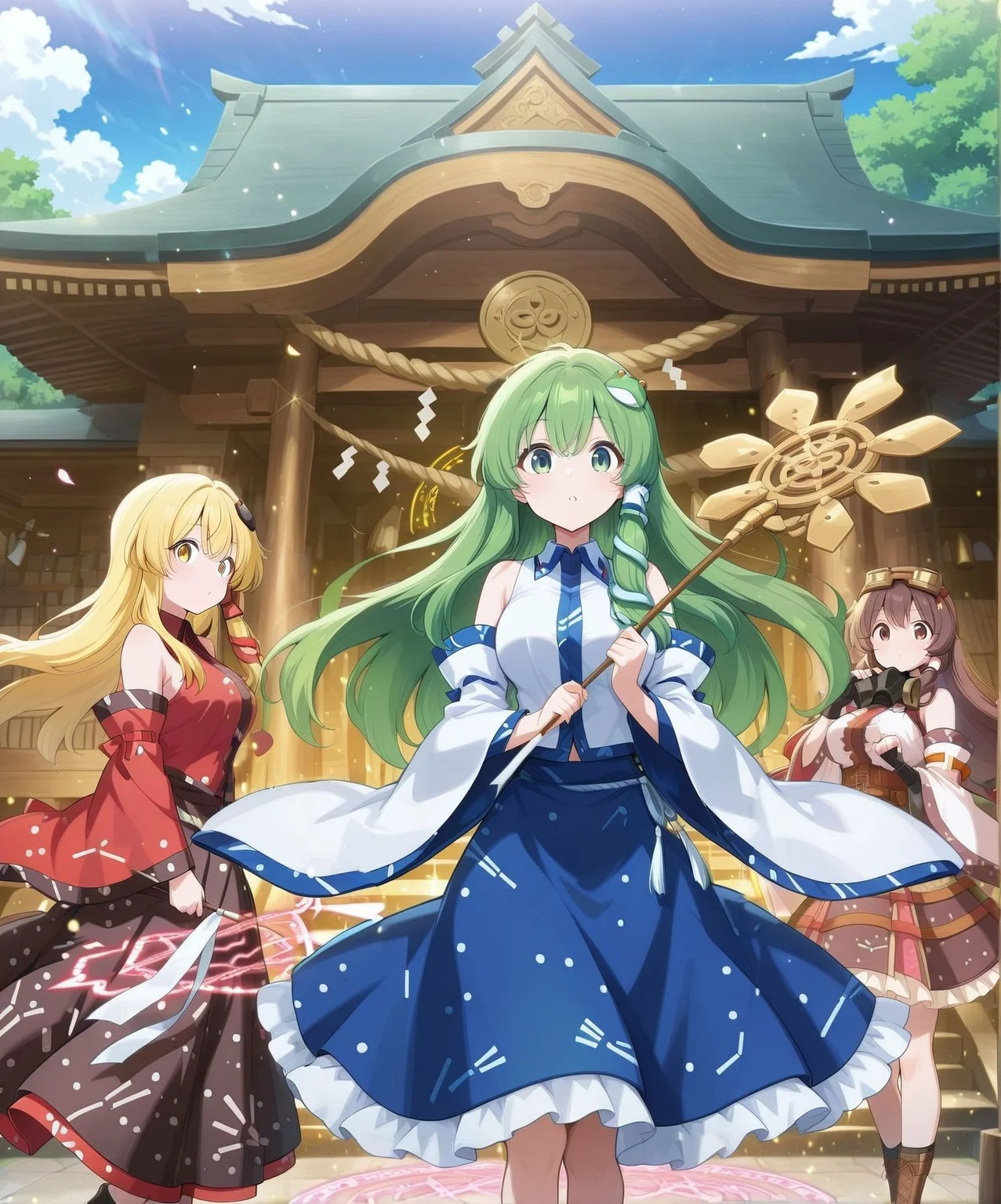 3girls, dynamic pose, outdoors, light particles, looking at viewer, sky, magic circle, danmaku, moriya shrine, alongside, side by side, floating hair, BREAK
absurdres, highres, masterpiece, best quality, amazing quality, official anime artwork, screencap, anime screencap, <lora:Sanae-Kochiya_IllustriousV2:1> BREAK
kochiya sanae, 1girl, solo, yellow eyes, blonde hair, long hair,, black frog hair ornament, red snake hair ornament, kochiya sanae \(human-deity duality\), alternate costume, alternate hair color, alternate eye color, red shirt, collared shirt, detached sleeves, wide sleeves, black skirt,
BREAK
kochiya sanae, 1girl, solo, green eyes, green hair, long hair,, frog hair ornament, hair tubes, snake hair ornament, collared shirt, white shirt, detached sleeves, wide sleeves, blue skirt, frilled skirt,
BREAK
kochiya sanae, 1girl, solo, brown eyes, brown hair, long hair,, brown frog ornament, brown snake ornament, kochiya sanae \(legacy of steel and steam\), alternate costume, alternate eye color, alternate hair color, goggles on head, brown goggles, gas mask, bare shoulders, sleveless top, white top, frilled sleeves, detached sleeves, wide sleeves, white sleeves, black gloves, fingerless gloves, holster, ammunition belt, white skirt, frilled skirt, holding staff,