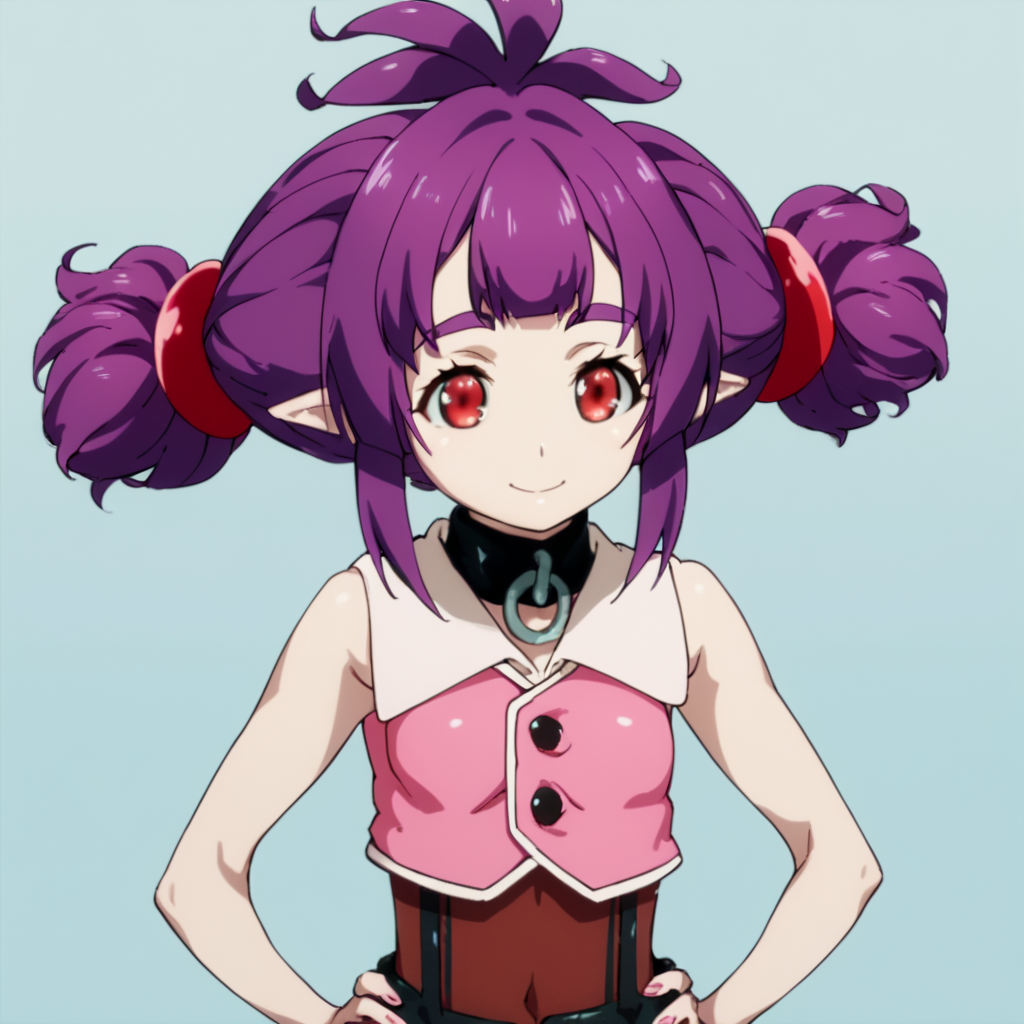 score_9, score_8_up, score_7_up, score_6_up, score_5_up, score_4_up, source_anime, , Sherry, short hair, red eyes, twintails, purple hair, small breasts, pointy ears, , soft smile, standing, hands on hips