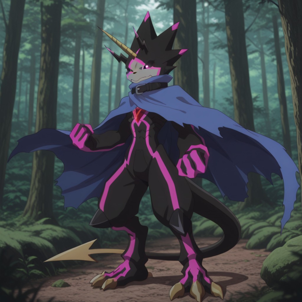 masterpiece, best quality, amazing quality, gulusGil, anthro, GulusGammamon, black skin, black sclera, pink eyes, blue cloak, black collar, 3 horns, tail, solo, full body, standing, in forest, full body, fighting stance, <lora:aa76e903-98a6-49d2-b302-02381096a114:1.0>