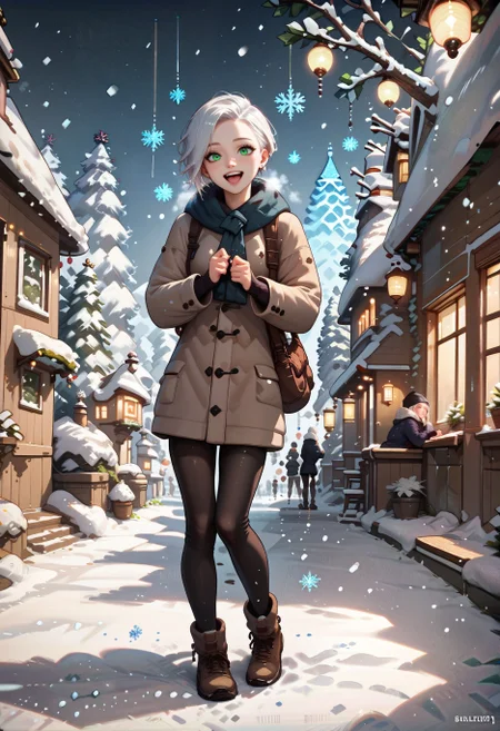 score_9, score_8_up, score_7_up,runa,white hair, green eyes, happy, winter, winter clothes, standing, watching snowflakes, snowing, background, bright lights, Full body, <lora:Expressive_H:0.8><lora:Runa-V2:0.8>