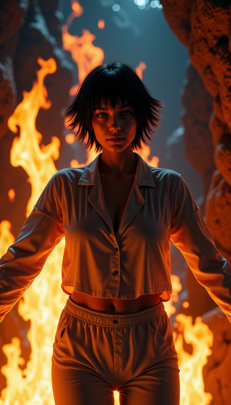 A hyper realistic photorealistic professional photography of a stern 30 year old c45u4l4de woman. She is in a bioluminescent cave background. medium shot Standing tall, arms spread wide, with flames engulfing the body..
She has black messy short and wide hair, and her left eye is (green:0.4) while her right eye is (orange:0.4) as she has heterochromia and heterochromic eyes. She is happy. (She also has a slight faded scar going across her nose.:0.3). She is wearing pajamas clothes.
She is in a temporal vortex background.