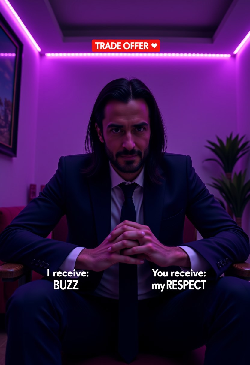 A skinny man with long black hair and a slight beard sits in a dimly lit room with a purple LED glow. He wears a dark suit and tie, with a serious but slightly amused expression. His hands are clasped together in a thoughtful pose. The background features a modern, minimalist setting with LED strip lights along the ceiling and a few indoor plants. At the top of the image, a red banner displays '⚠️ TRADE OFFER ⚠️'. Below it, two sections labeled 'I receive: BUZZ' and 'You receive: my respect' create a symmetrical split-screen effect. The overall tone is meme-like, designed for humor and customization. aidmatextimprover