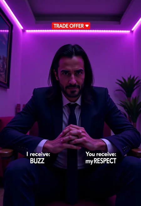 A skinny man with long black hair and a slight beard sits in a dimly lit room with a purple LED glow. He wears a dark suit and tie, with a serious but slightly amused expression. His hands are clasped together in a thoughtful pose. The background features a modern, minimalist setting with LED strip lights along the ceiling and a few indoor plants. At the top of the image, a red banner displays '⚠️ TRADE OFFER ⚠️'. Below it, two sections labeled 'I receive: BUZZ' and 'You receive: my respect' create a symmetrical split-screen effect. The overall tone is meme-like, designed for humor and customization. aidmatextimprover