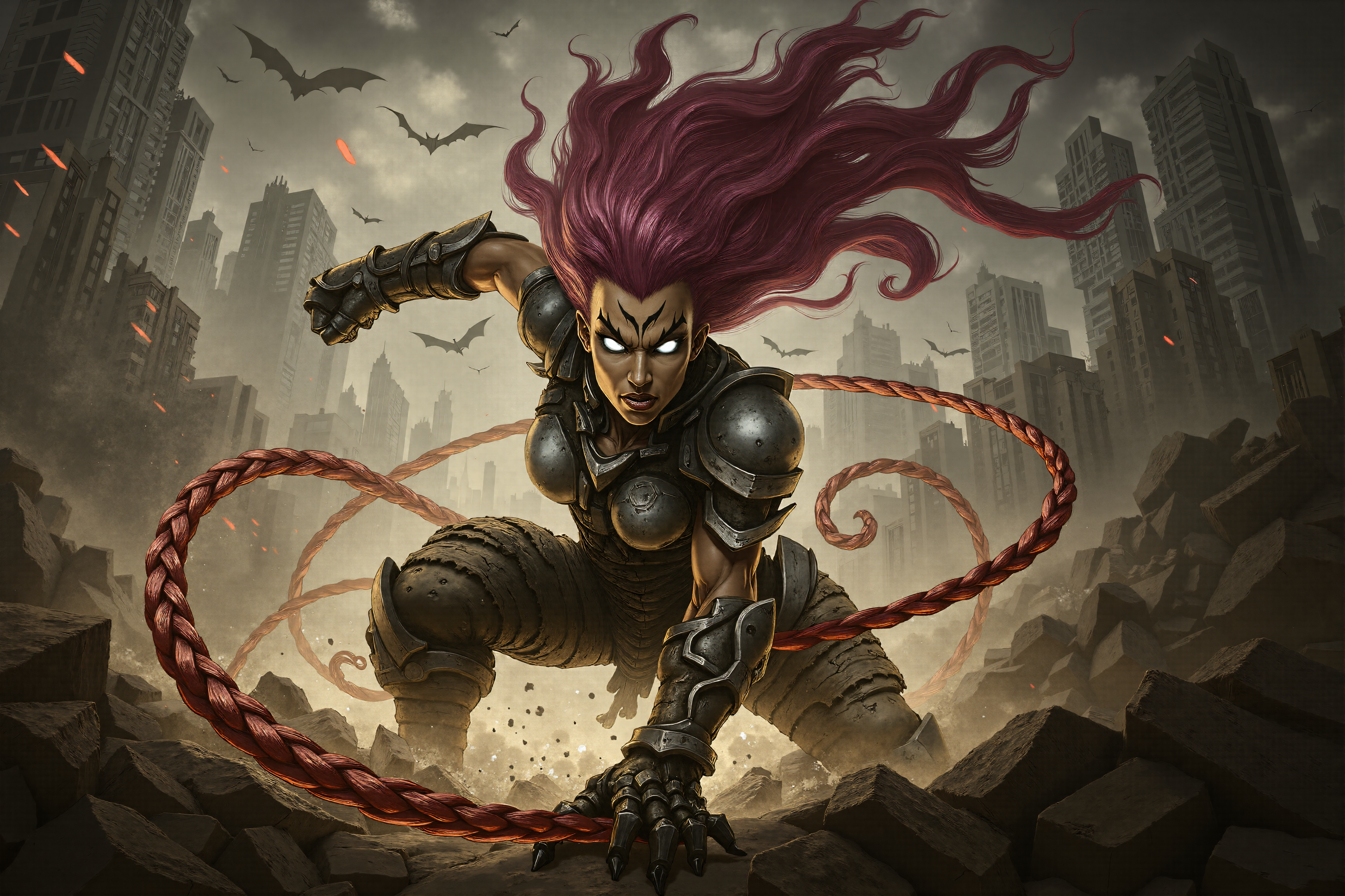 A striking depiction of Fury from Darksiders, surrounded by a fiery aura. She stands in a dynamic battle pose, her energy whip slicing through the air. Her expression is determined and fearless, with glowing eyes that symbolize her relentless power. The scene is dark and apocalyptic, featuring dramatic lighting and intense colors. The background showcases a ravaged landscape, fitting the grim style of the game. Highly detailed, epic, and full of atmosphere.