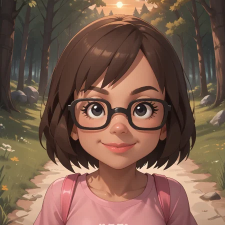 score_9, score_8, BREAK, solo, wii, mii, wii sports, 1girl, female mii, brown hair, black eyes, brown eyebrows, glasses, lips, pink clothing, white pants, sandals, breasts, nintendo mii, modern_mii, classic_mii, Cattebeke_(OC_Mii), cute, dark skin, sexy pose, self portrait, smile, outdoors, sunlight, shadows, evening lighting, natural lighting, forest, trees, grass, orange sky, sunset