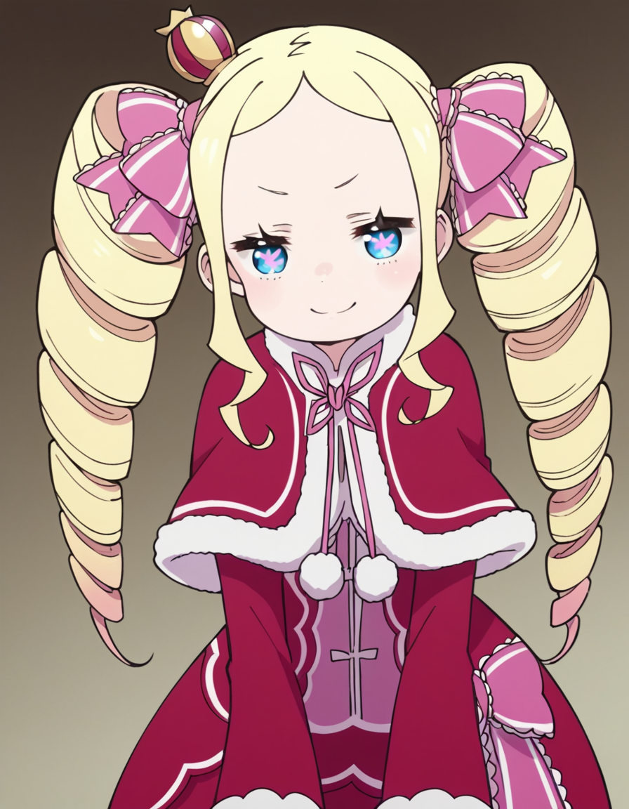 score_9, score_8_up, score_7_up, source_anime, <lora:rezero-beatrice-s3-leak-ponyxl-lora-nochekaiser:1>, beatrice, long hair, blue eyes, blonde hair, twintails, hair ribbon, sidelocks, symbol-shaped pupils, drill hair, twin drills,, dress, ribbon, fur trim, capelet, crown, mini crown, red capelet, frills, bowtie,, indoors, bent over, smile, smug, looking at viewer, solo,, cowboy shot, dutch angle