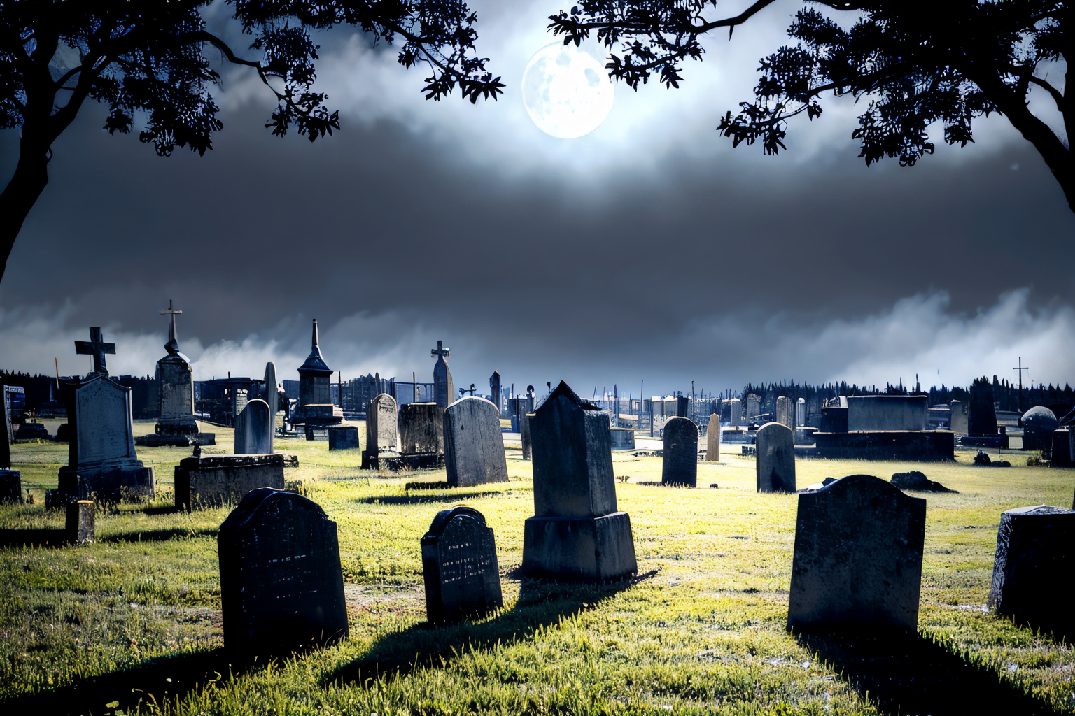 (Realisitc:1.5) EdobChurchCemeteryCreepyNight church a cemetery, black sky, in the dark, with a full moon in the background <lora:EdobChurchCemeteryCreepyNight_v1.0:0.8>